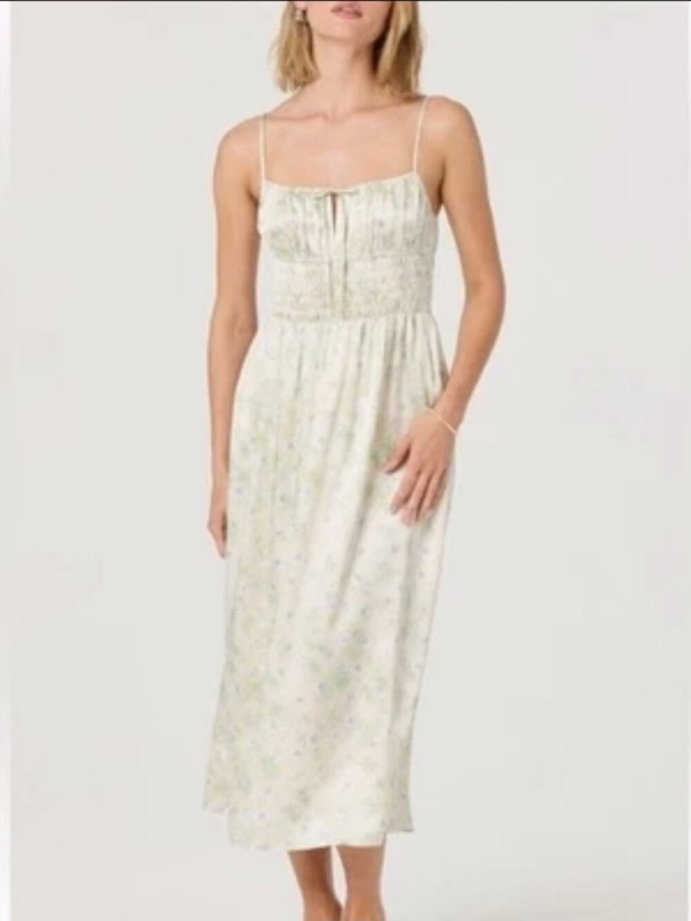 ASTR the Label Smocked Silky Milkmaid Maxi Sun Dress – Cream/Blue Floral (BNWT)